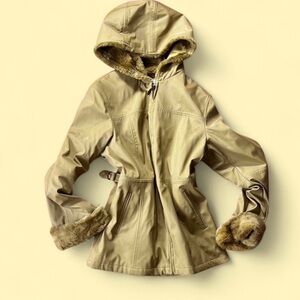 Women's Tan Hooded Jacket with Faux Fur Trim